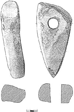 Gebohrtes steinernes Beil aus Český Krumlov - Wende vom 5. zum 4. Jahrtausend vor Christus, archäologischer Fund vom I. Schlosshof des Schlosses Český Krumlov, Zeichnung Petra Týlešová, 1996 