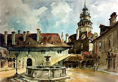 II. Hof des Schlosses Český Krumlov, Aquarell 