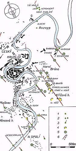 Český Krumlov und Umgebung, Karte der alten Bergwerke, wo Silber und Gold gefördert wurde 