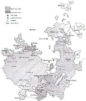 Map of the Rosenberg dominion in 1590 and 1611 