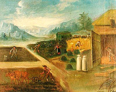 Zlatá Koruna school, classroom aid from 18th century, picture of agricultural work 