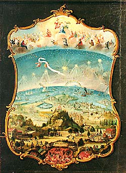 Zlatá Koruna school, classroom aid from 18th century, picture of heaven, earth, and hell 