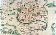 Map of Český Krumlov, colored drawing cca 1700, detail of historic center of town, State Regional Archives Třeboň, branch Český Krumlov 